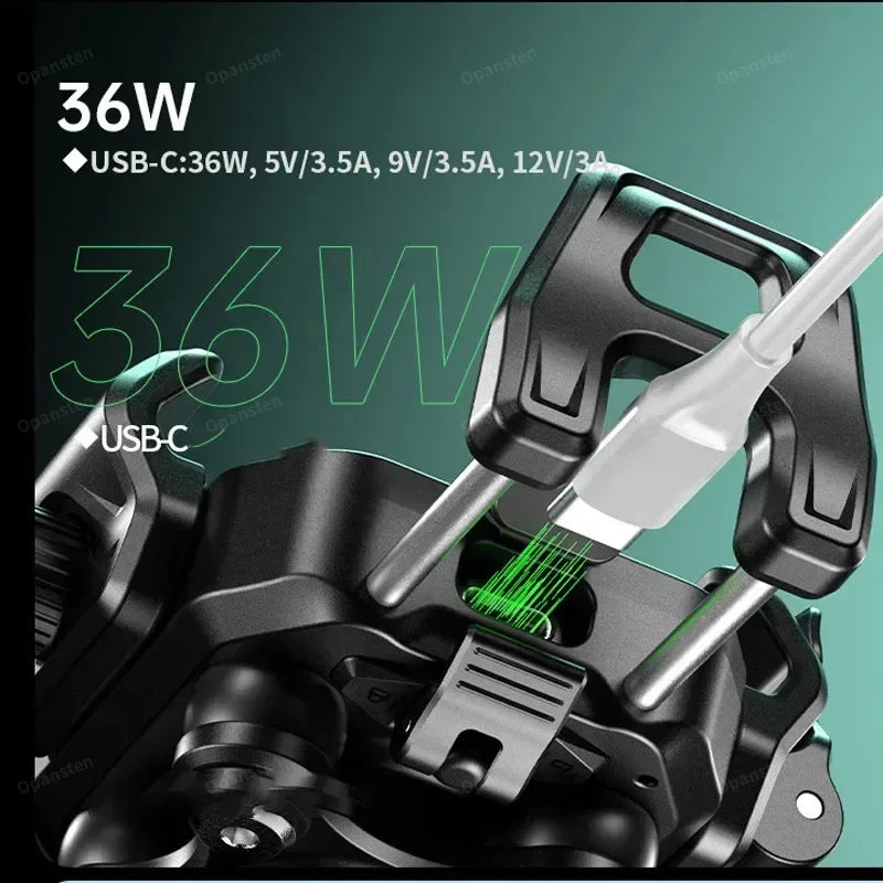 Shockproof Motorcycle Phone Mount – Optional 15W Wireless + 36W USB-C Charging