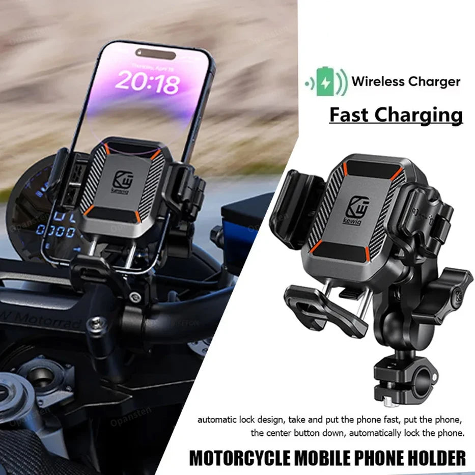 Shockproof Motorcycle Phone Mount – Optional 15W Wireless + 36W USB-C Charging